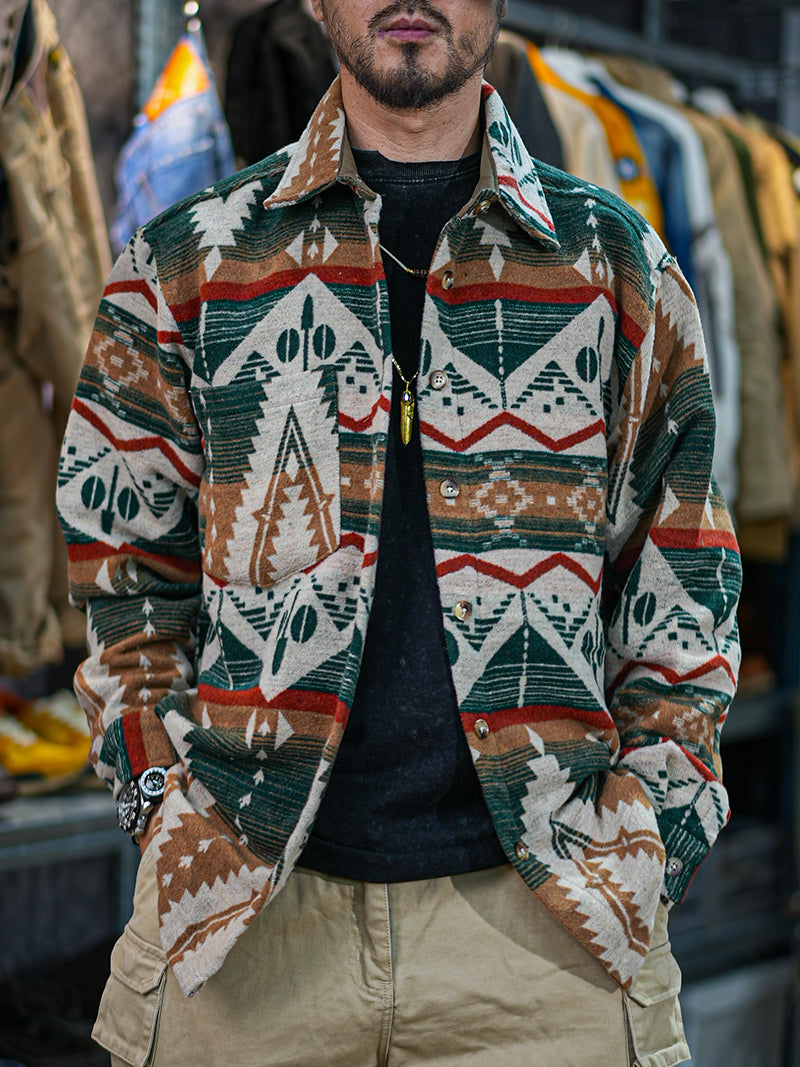 Ethnic Color-Woven Imitation Wool Long Sleeve Shirt Jacket