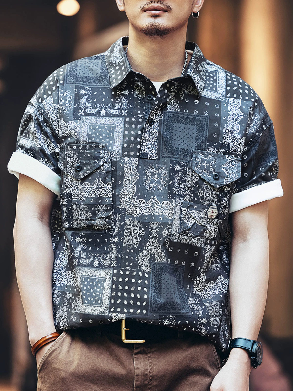 Vintage Paisley Pattern Workwear Polo Collar Short Sleeve Shirt