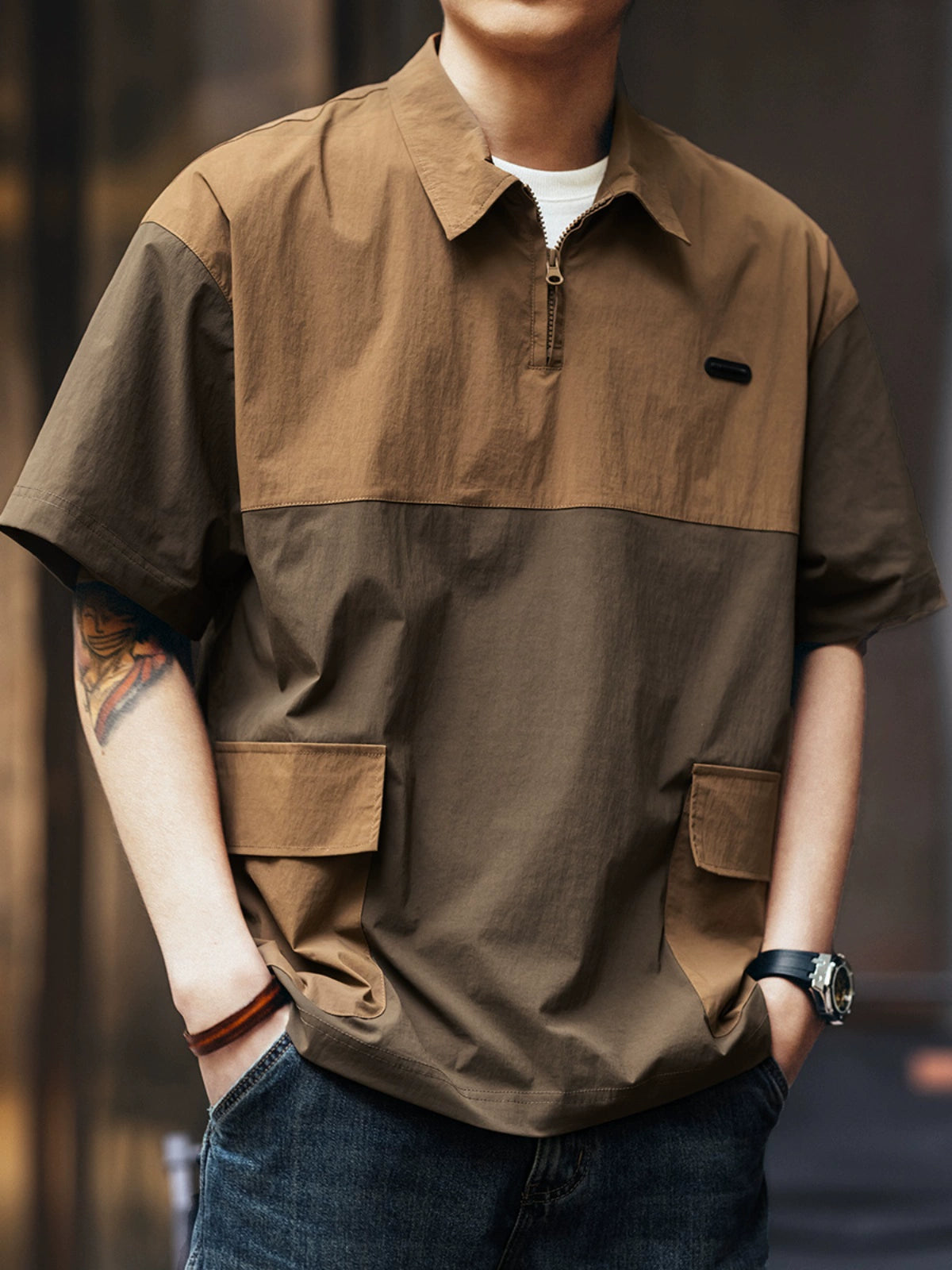 Vintage Color-Blocked Quick-Dry Utility Half-Zip Polo Short-Sleeve Tee