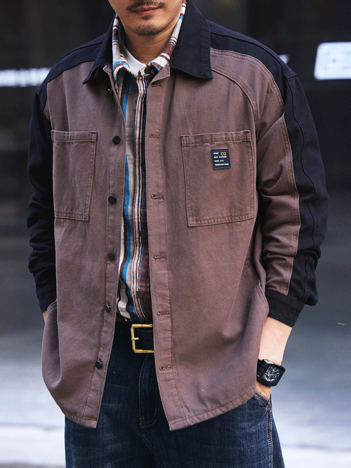 Vintage Color-Block Long Sleeve Shirt Jacket