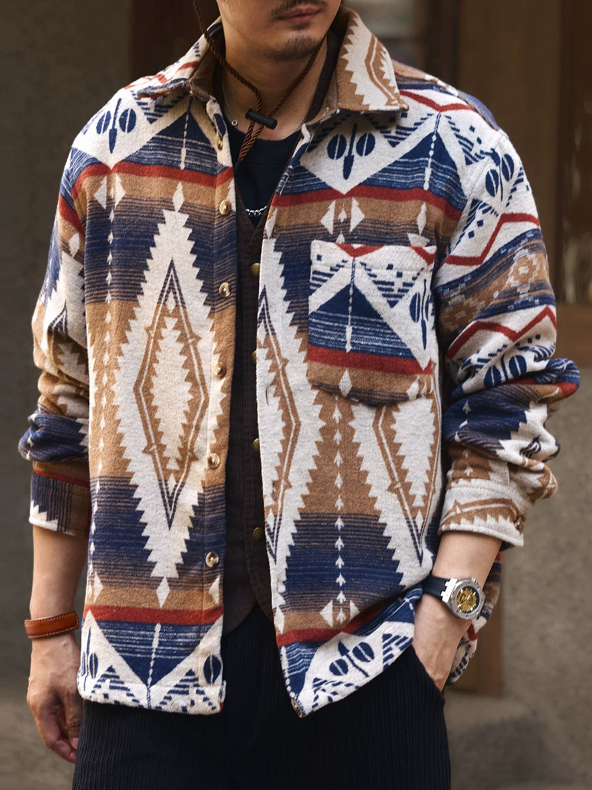 Ethnic Color-Woven Imitation Wool Long Sleeve Shirt Jacket
