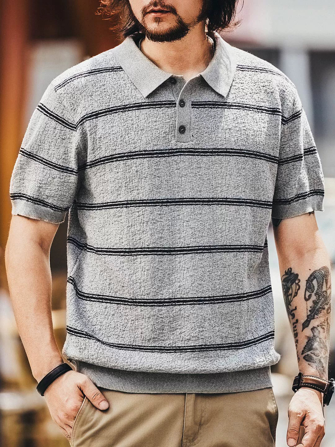 Striped Knit Short Sleeve Polo Shirt