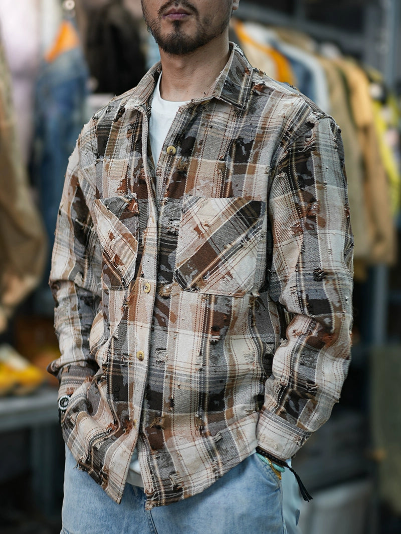 Vintage Color-Woven Plaid Ripped Long Sleeve ShirtJacket